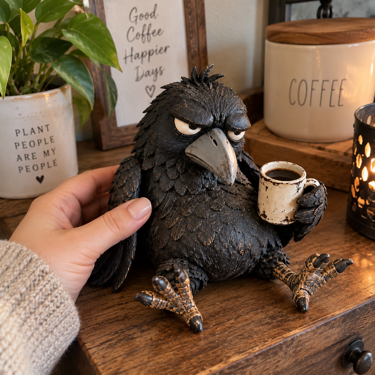 🔥Rustic Vintage Raven Figurine with Coffee Mug – Grumpy Crow Farmhouse Tabletop Decor