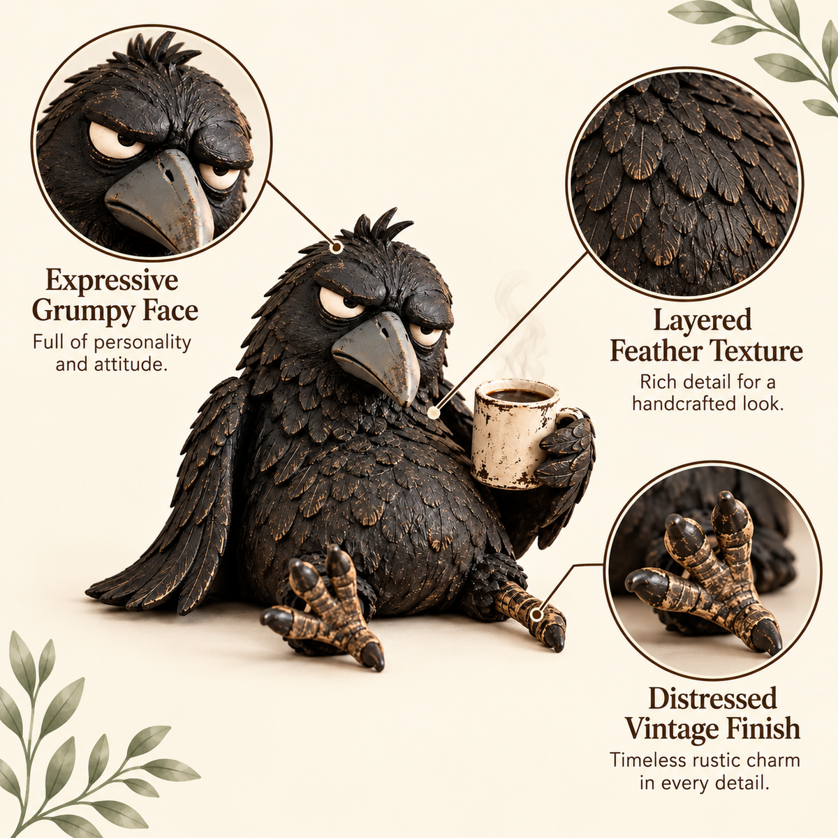 🔥Rustic Vintage Raven Figurine with Coffee Mug – Grumpy Crow Farmhouse Tabletop Decor