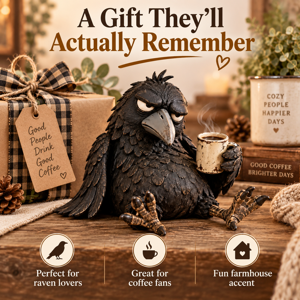 🔥Rustic Vintage Raven Figurine with Coffee Mug – Grumpy Crow Farmhouse Tabletop Decor