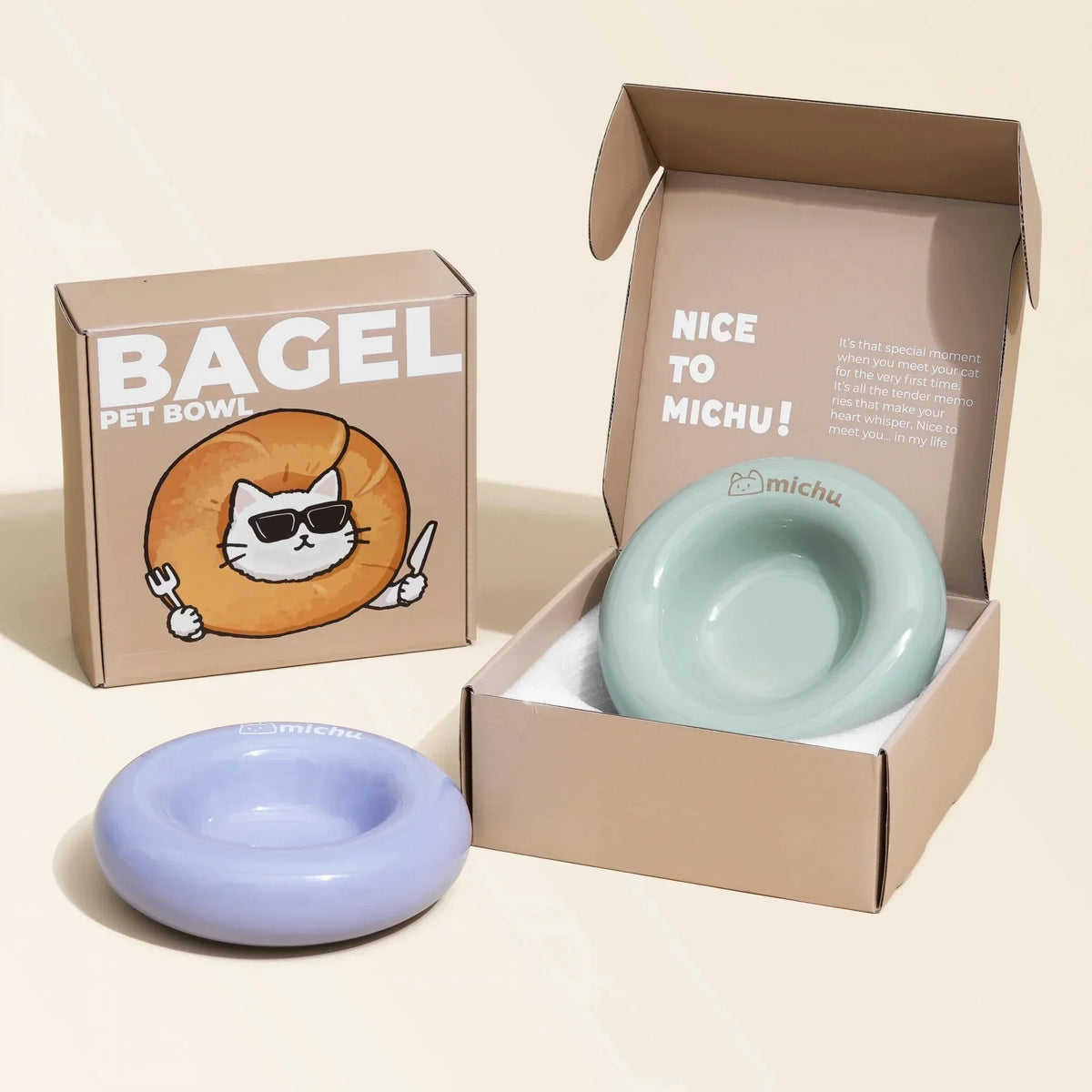 Bagel Ceramic Cat Bowl – Anti-Whisker Cat Food Bowl - Azur