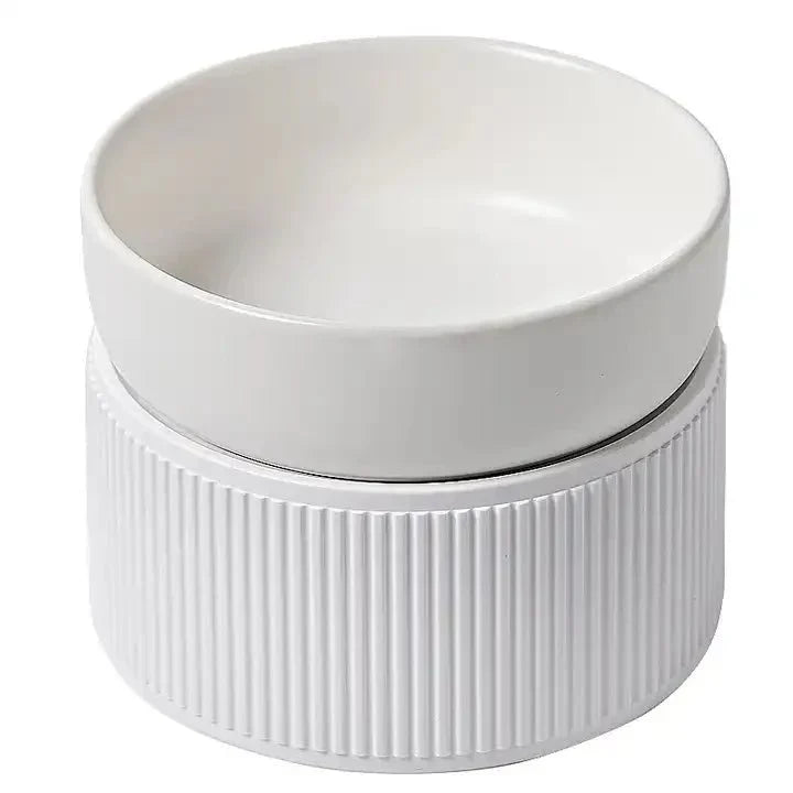 HOPD Ribbed Elevated Ceramic Single Dog Bowl in White