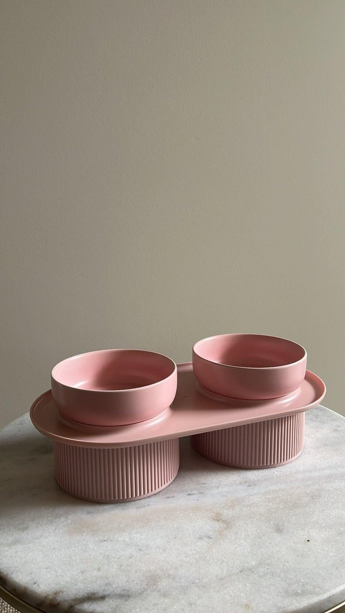 HOPD Ribbed Ceramic Double Pet Bowl 3pc Set - Emerald